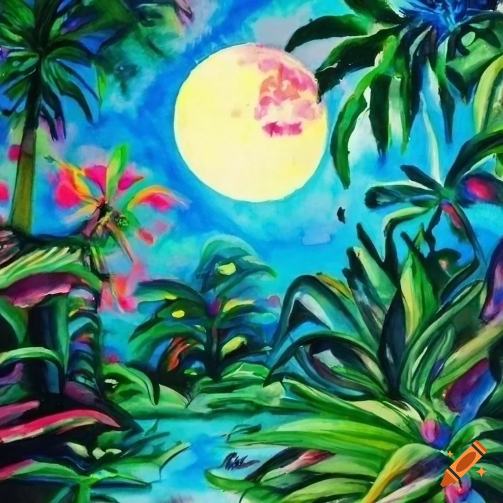 Tropical jungle under moonlight in lisa frank style watercolor painting ...