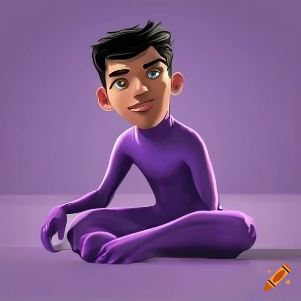 Character in blue-purple spandex suit sitting on the ground in TV cartoon style
