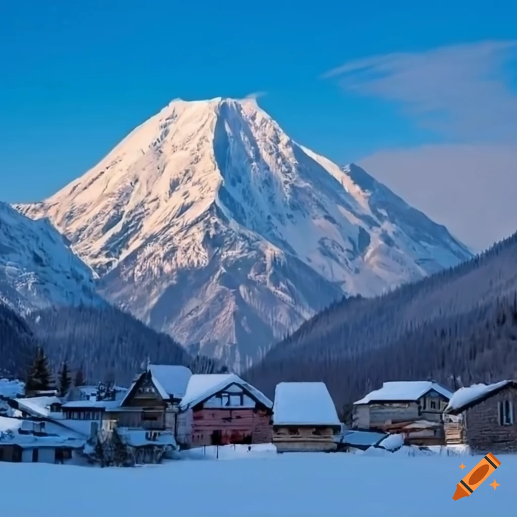 Snowy capped mountain with a small village nestled within on Craiyon