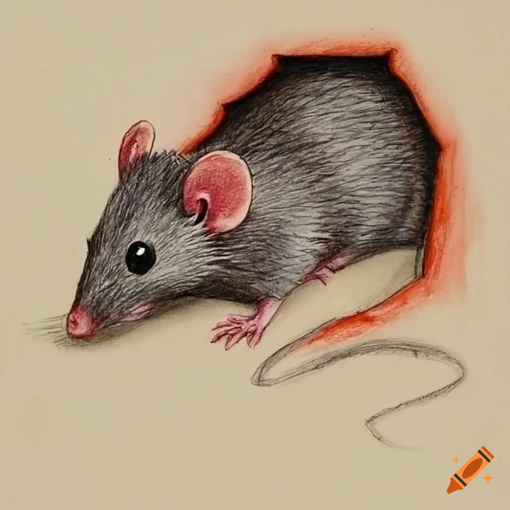 Rat emerging from a hole in a pencil drawing