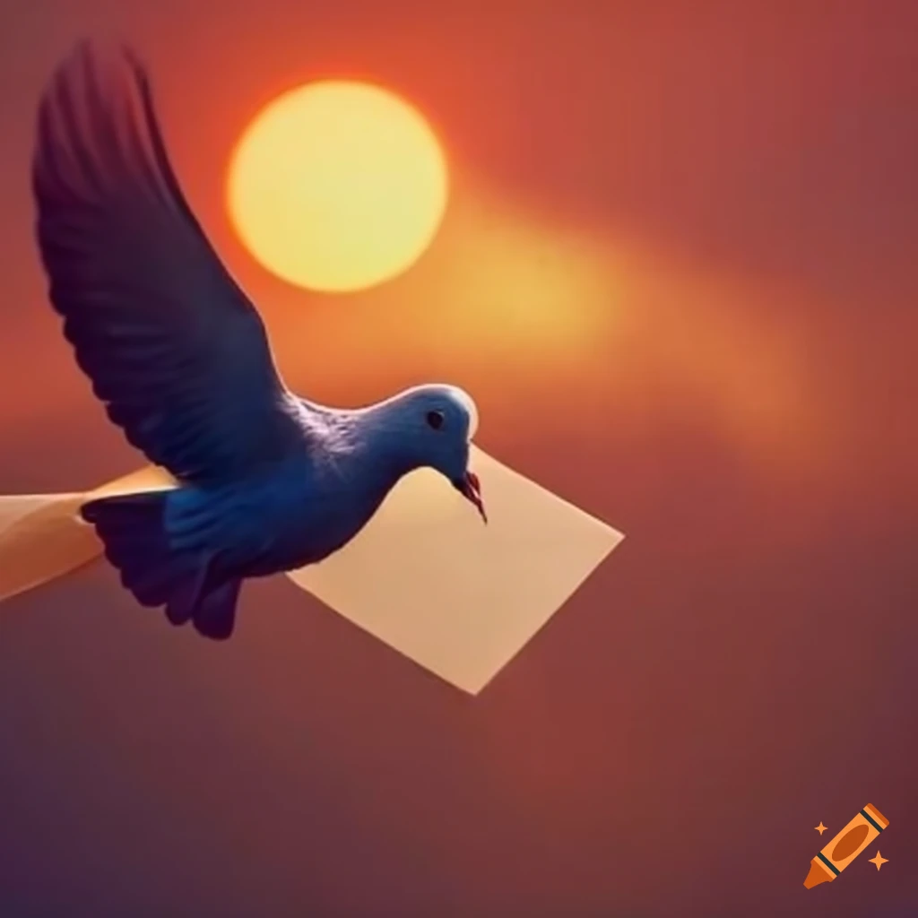 Romantic letter with a dove in an envelope during sunset
