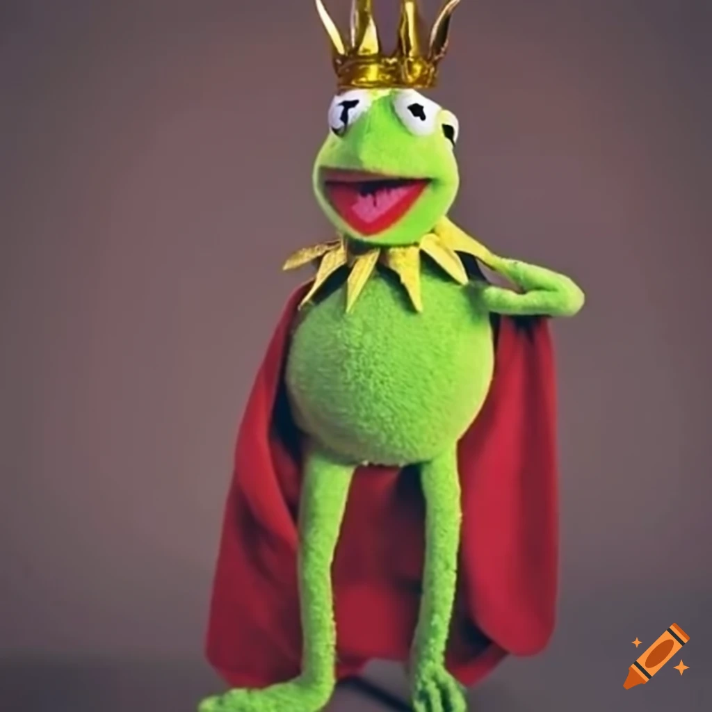 Kermit the frog with a golden crown and red cape on Craiyon