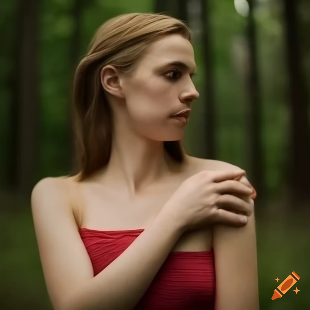 Woman's arms with thick body hair in a forest clearing