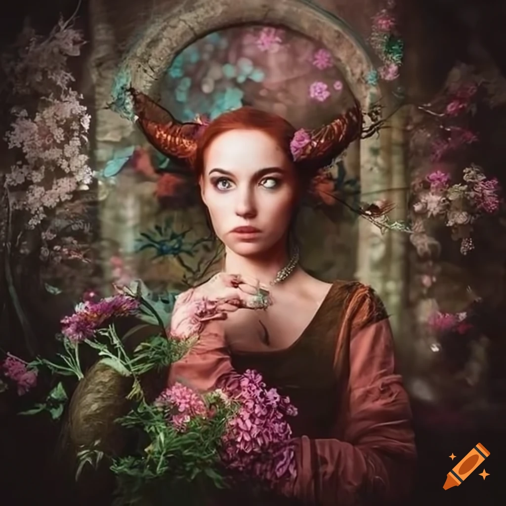 Captivating portrait of a woman with mystical woodland creatures and blooming flowers