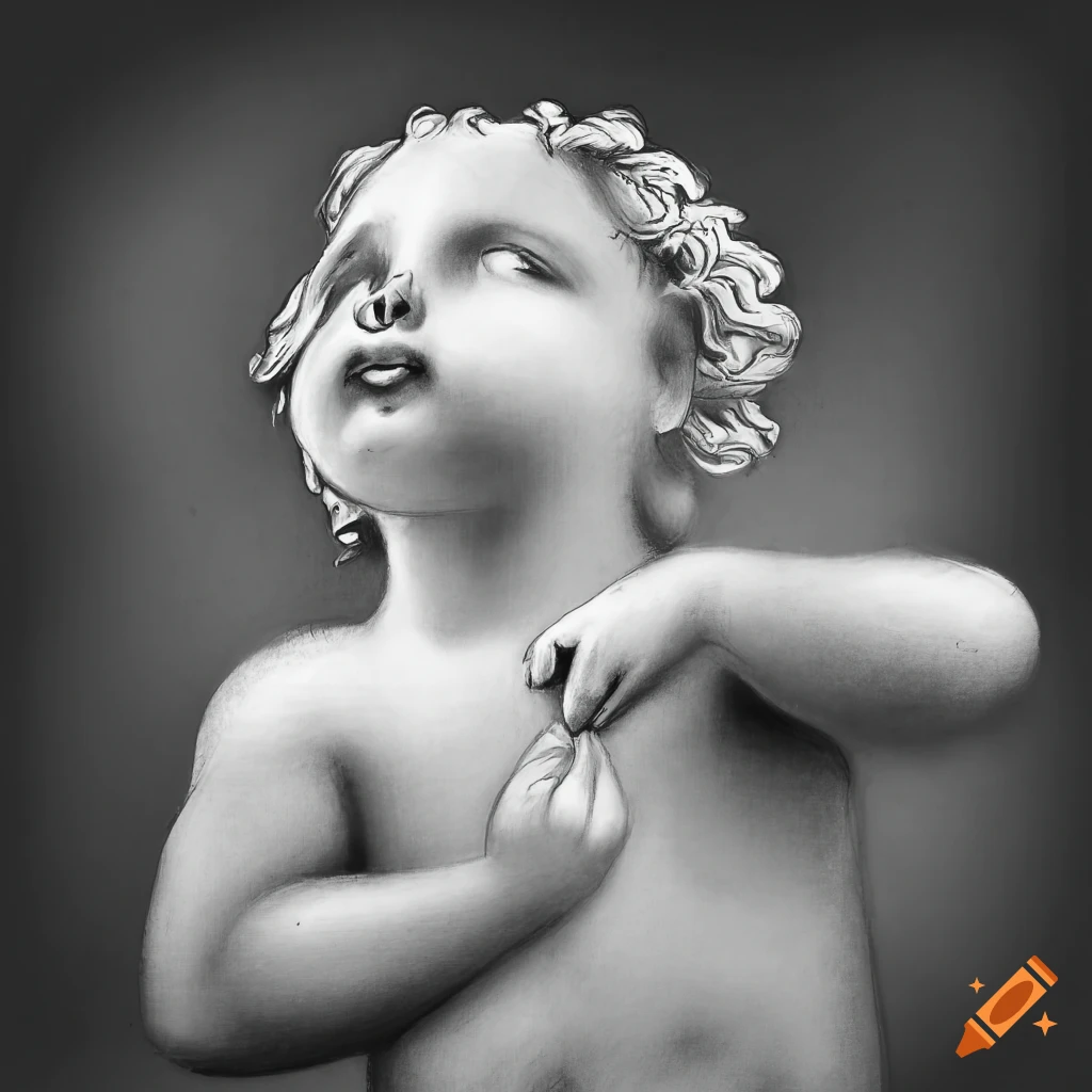Cherub gazing at the sky in a charcoal drawing