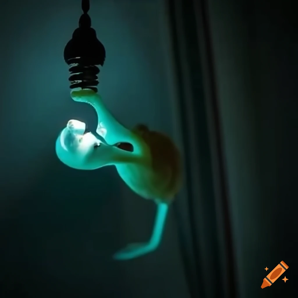 Charming creature eating a glowing light bulb in a whimsical scene