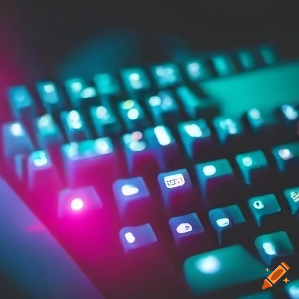 Hands typing on keyboard with turquoise and pink monitor light