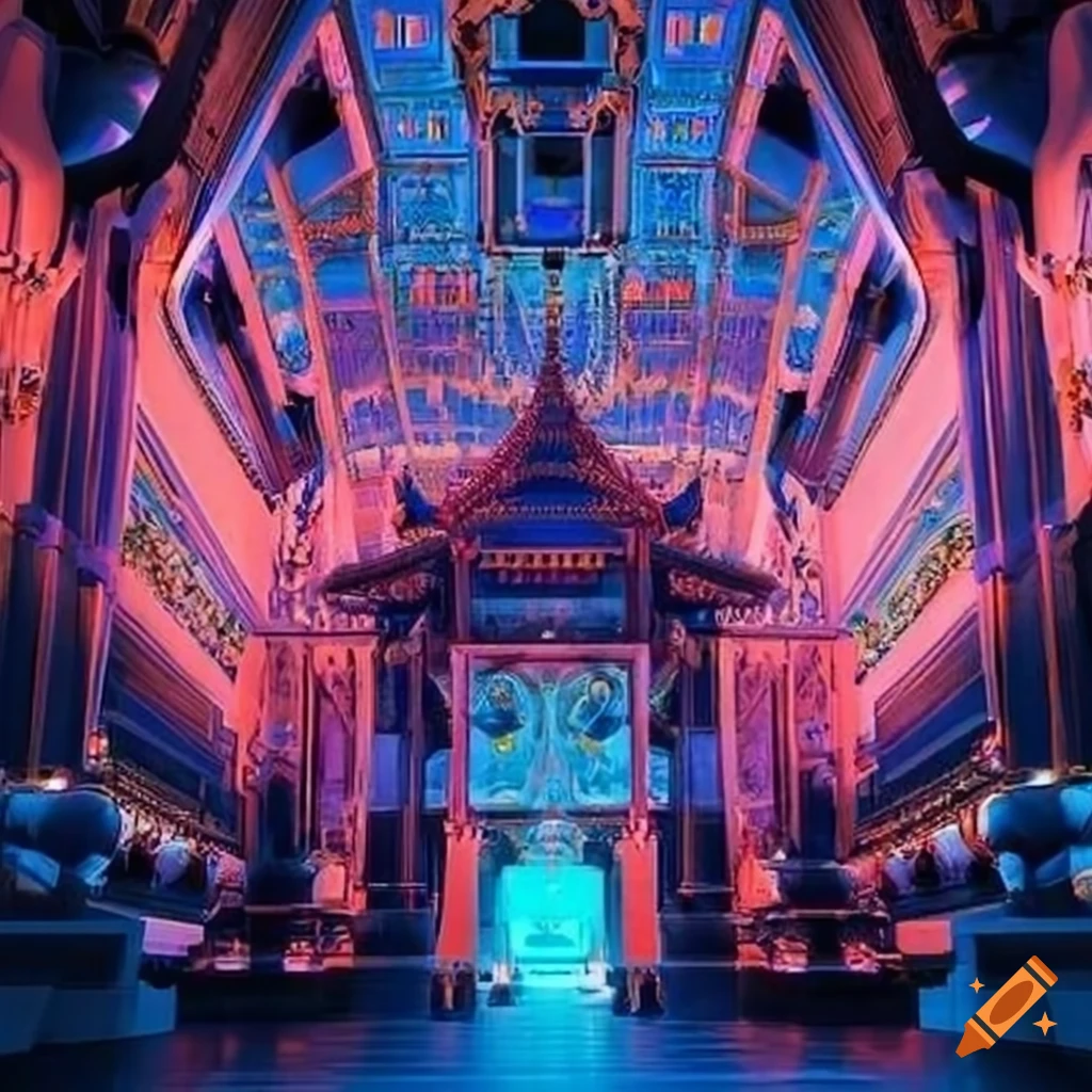 Geometric Buddhist temple with futuristic technology elements