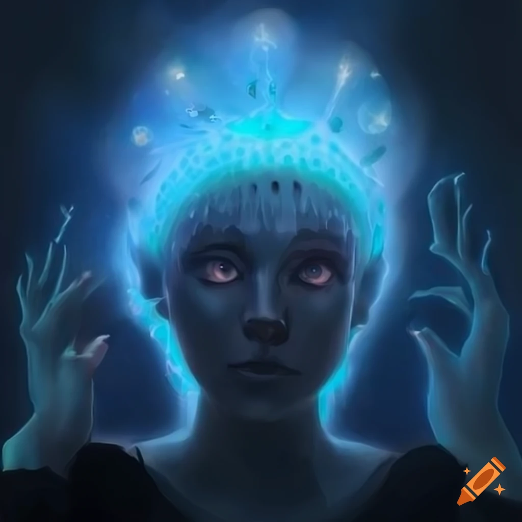 Glowing blue head experiencing an epiphany in fantasy art style