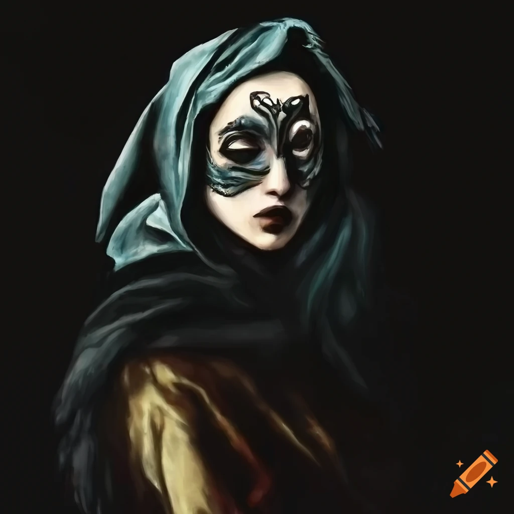 Goth girl wearing raven mask in el greco style on Craiyon