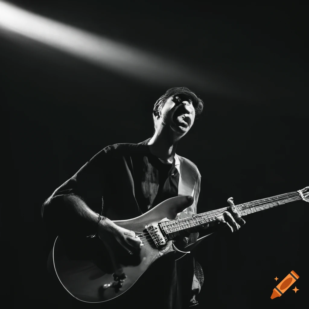 Guitarist performing in a crowd under lights and shadows