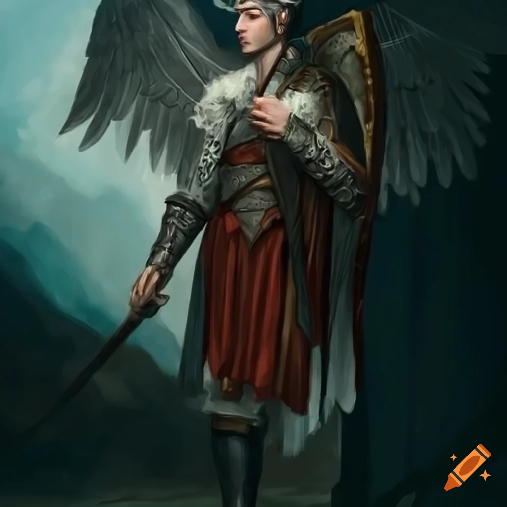 Young adult man with wings, sword, and lyre, in a fantasy setting