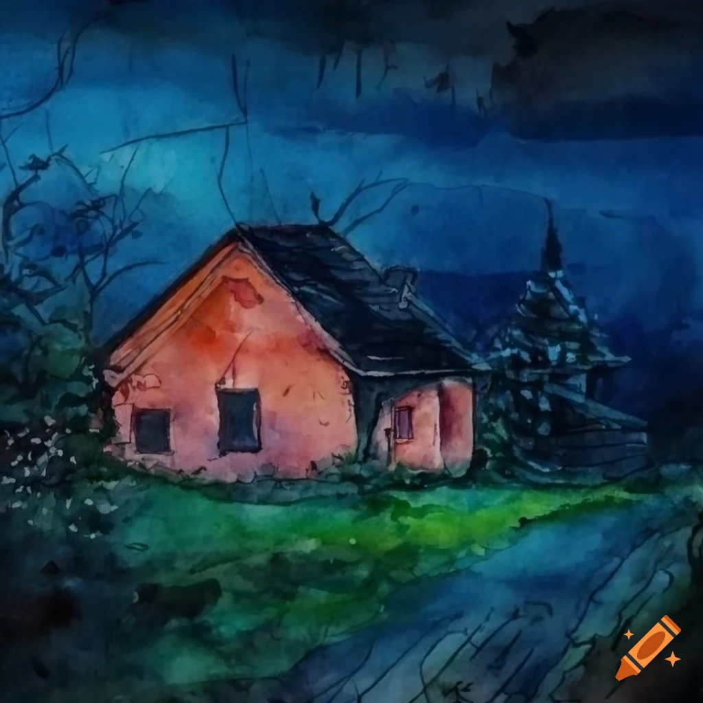 Watercolor painting of rural two-floor house in a village garden at night