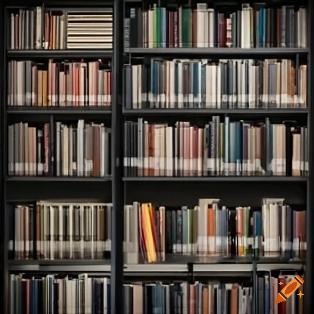 Library Shelf Rows Pretty Library view with rows of shelves filled with books on Craiyon