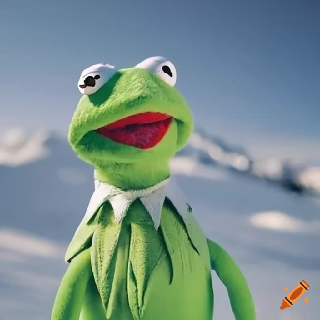 Kermit skiing in a ski resort on Craiyon
