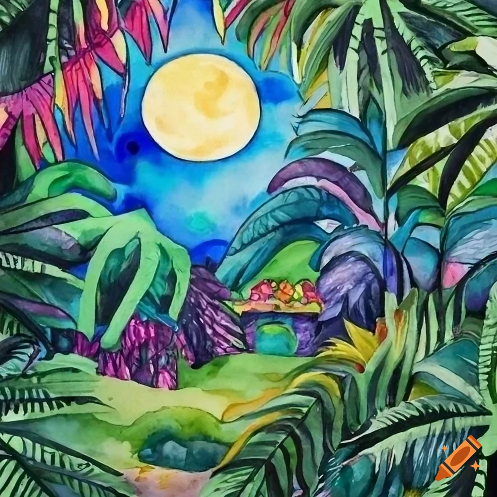 Tropical jungle under moonlight in lisa frank style watercolor painting ...