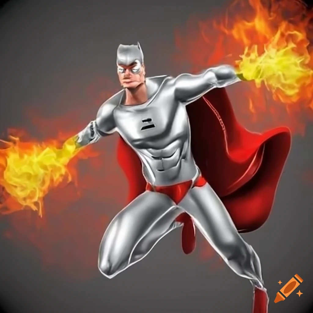 Silver shiny superhero using fire superpowers on Craiyon