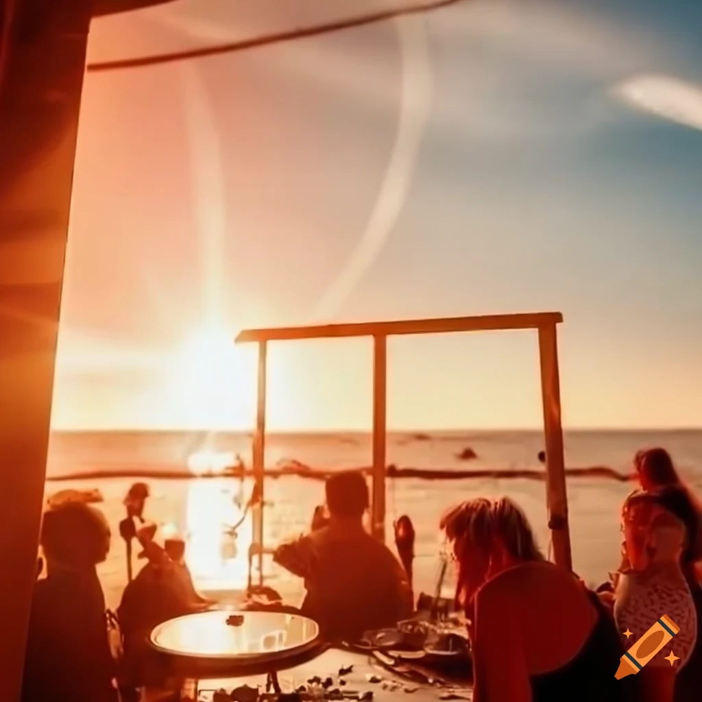 Beach bar with sunset and retro-futuristic vibes
