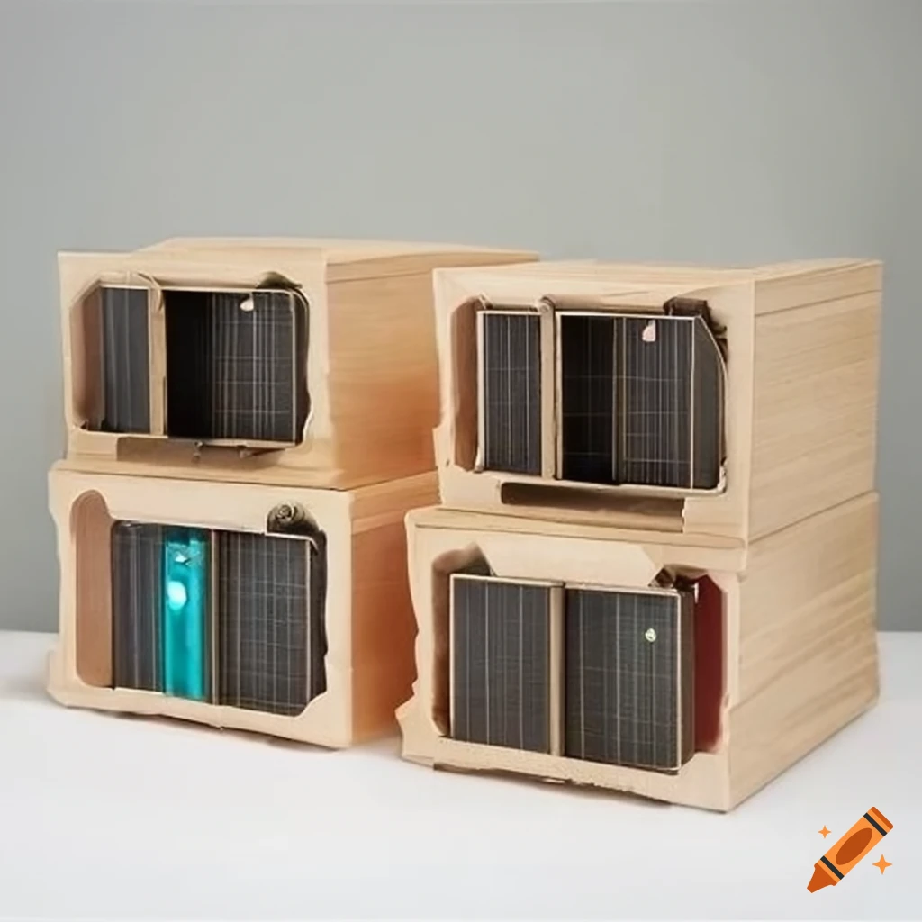 Futuristic solarpunk-inspired eco-friendly stackable storage boxes