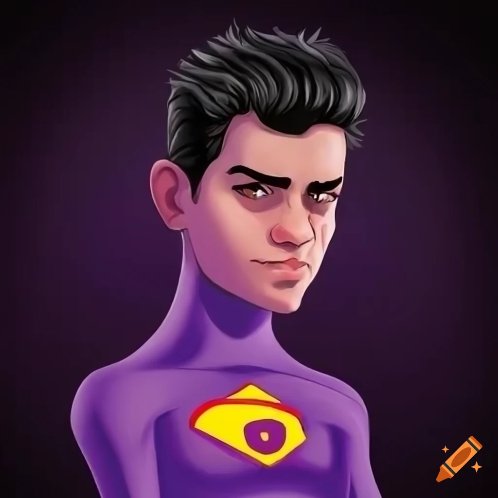 Cartoon character in full amethyst purple hero bodysuit sitting in a ...