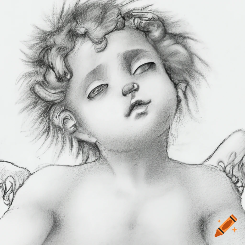 Cherub gazing at the sky in black and white charcoal drawing