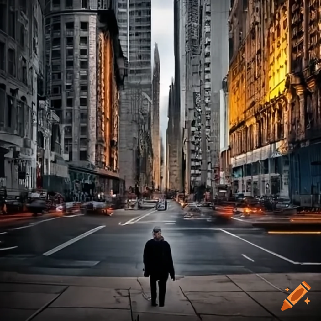 City scene with a strong 70-year-old man