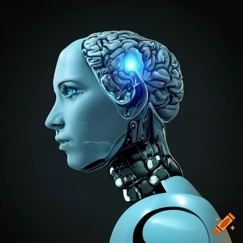 Humanoid robot with glowing brain symbolizing ai on Craiyon