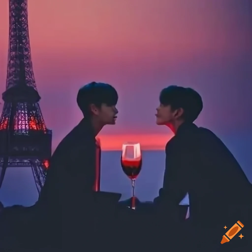 Romantic moment with Kim Mingyu and Jeon Wonwoo at the Eiffel Tower with red wine