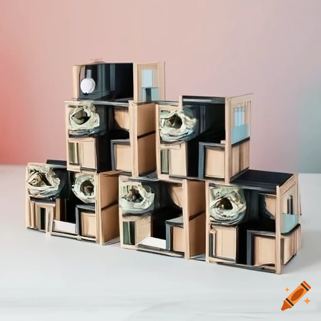 Futuristic solarpunk-inspired eco-friendly stackable storage boxes