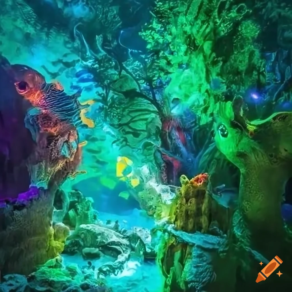 Water realm with glowing wildlife and vibrant plants, sea people tug of war