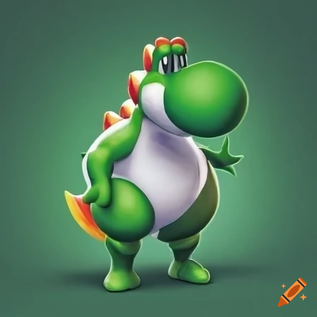 Green Yoshi from Super Mario Bros with a comedic oversized belly