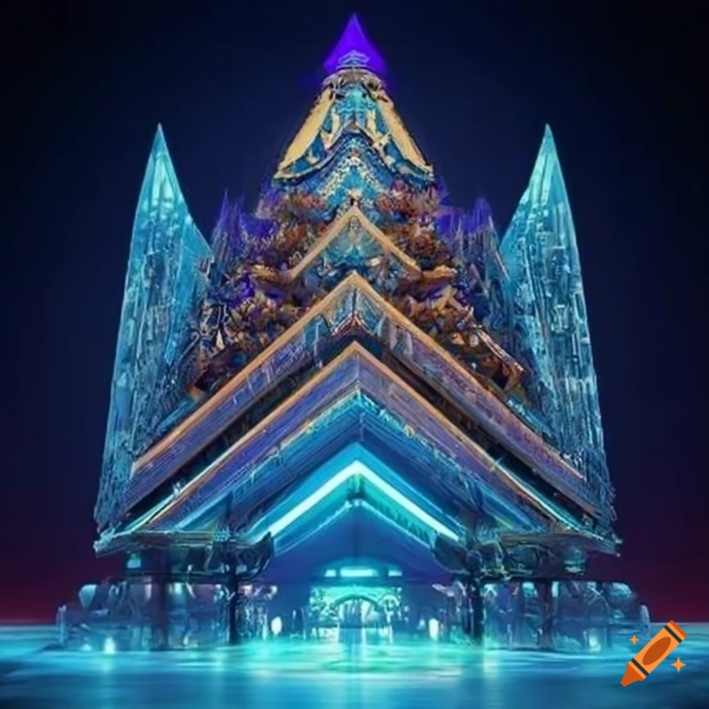 Geometric Buddhist temple with futuristic technology elements