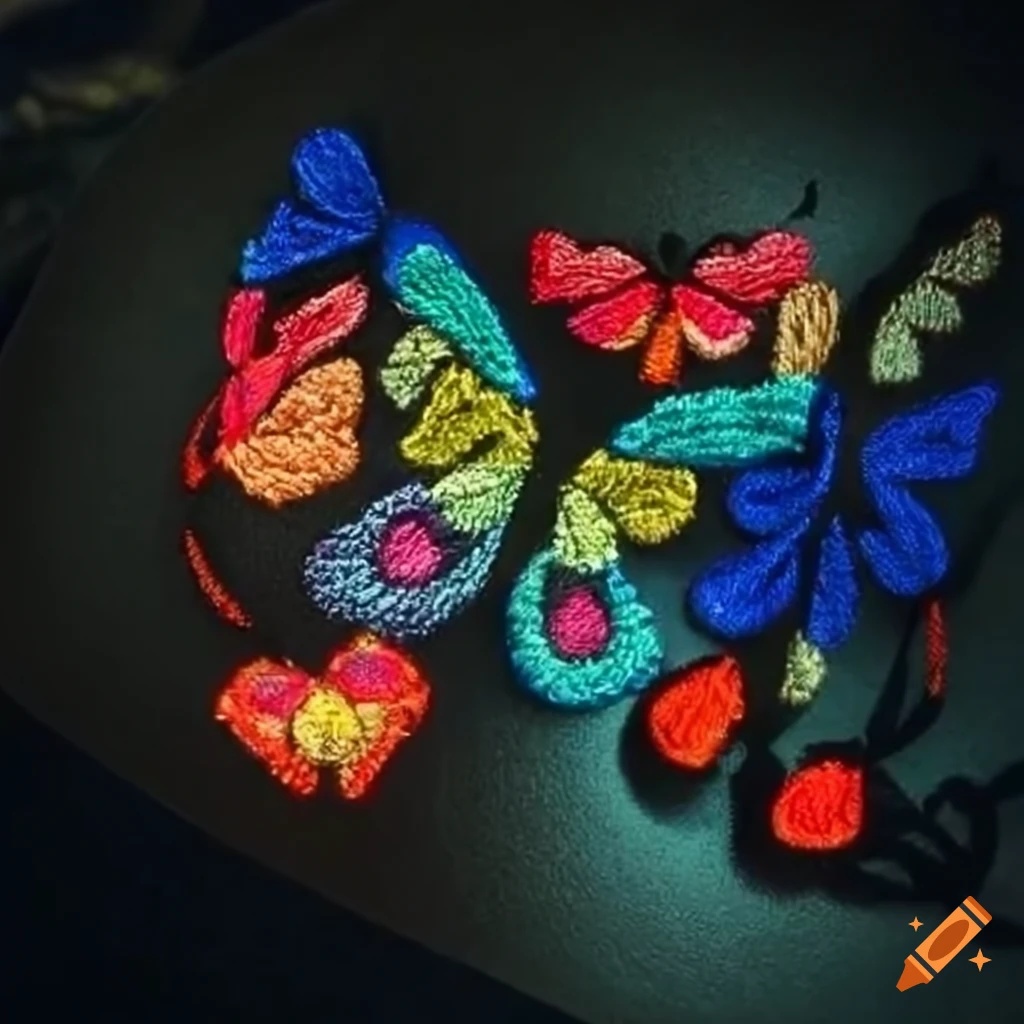 Embroidery bracelet with butterfly in primary colors inspired by Joan Miro's art
