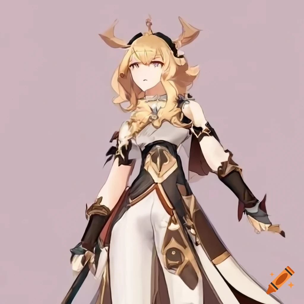 Female character with burnt blonde hair, honey colored eyes, and goat horns in a fantasy outfit