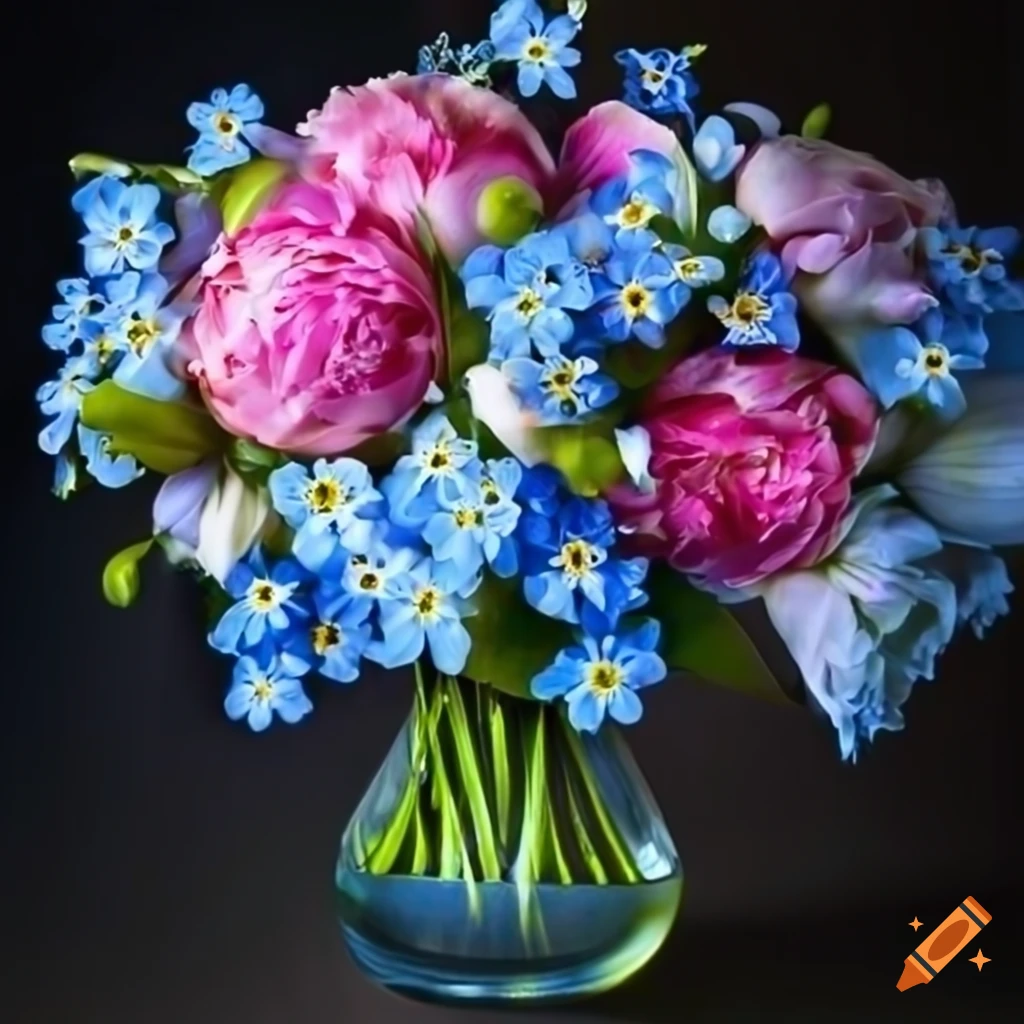 Beautiful flower arrangement with forget-me-nots, lilies, carnations, and peonies in fine art abstract style