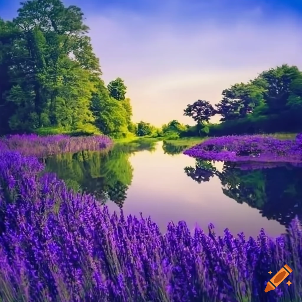 Serene pond surrounded by lavender bushes