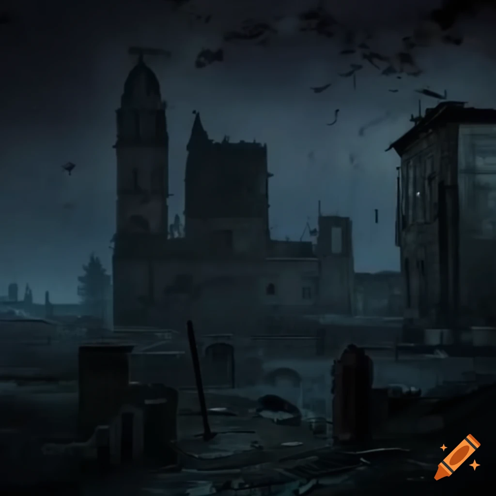 Ruined court in a dirty dieselpunk town at night