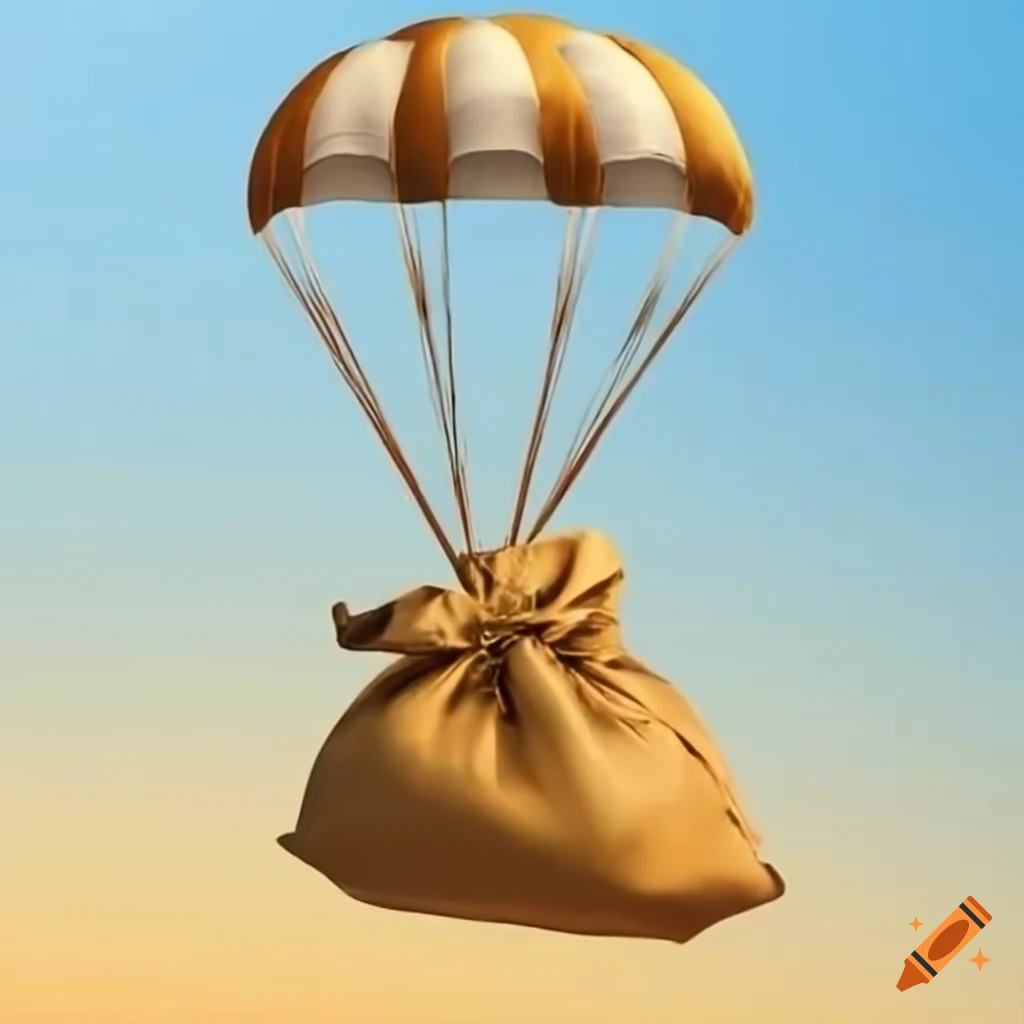 Parachute with bag of gold coins marked with letter L falling from sky