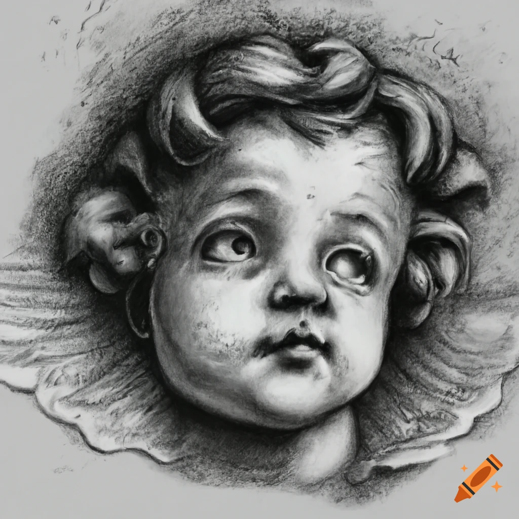 Cherub gazing at the sky in charcoal drawing