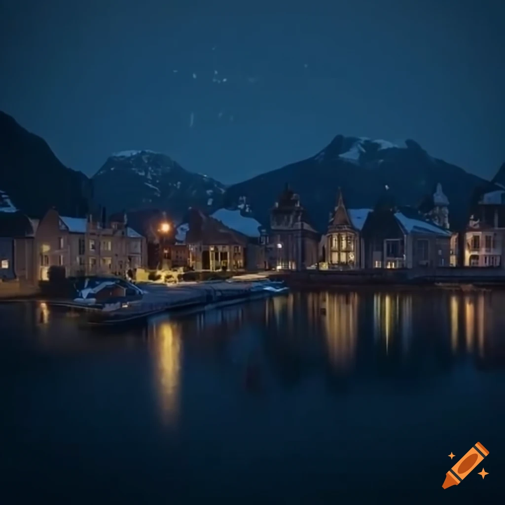 Bustling seaside town with snowcapped mountains under a night sky