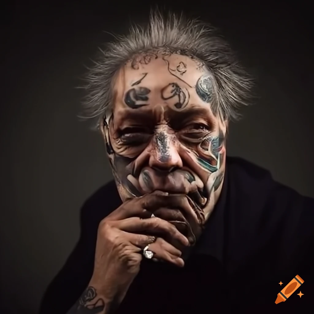 Old man with facial tattoos and piercings at a job interview on Craiyon