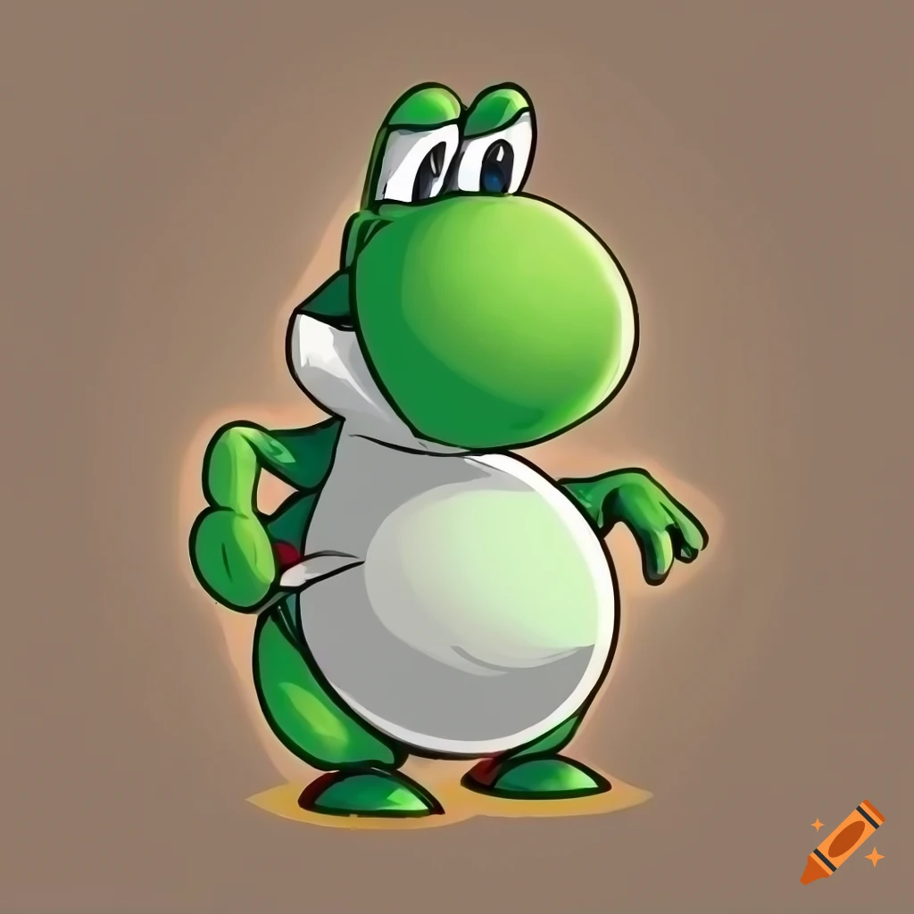 Green Yoshi with a large belly and a friendly smile in cartoon style