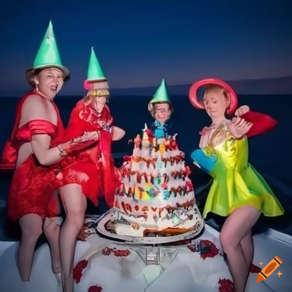 Birthday party on a yacht at the North Pole with people in unique attire