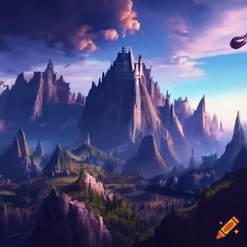 City in mountains under a dramatic sky in a fantasy world on craiyon