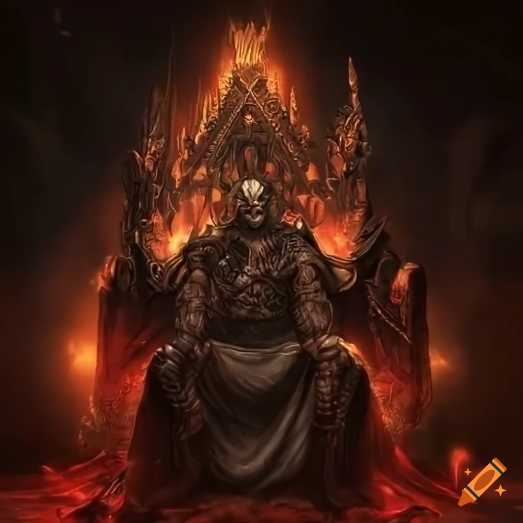 Egyptian god Set with red hair and red eyes on a black throne