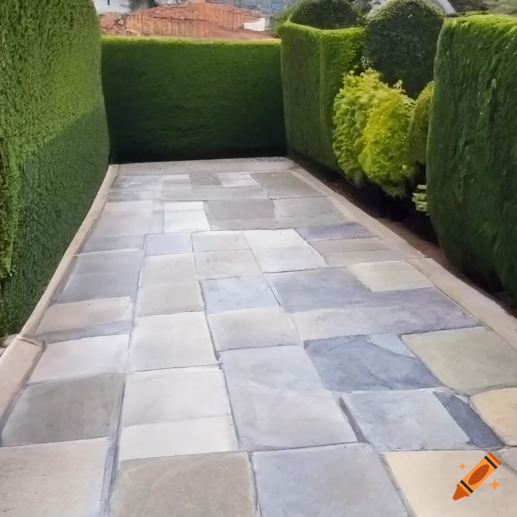 York stone paved back garden with yew hedges and no grass or buildings