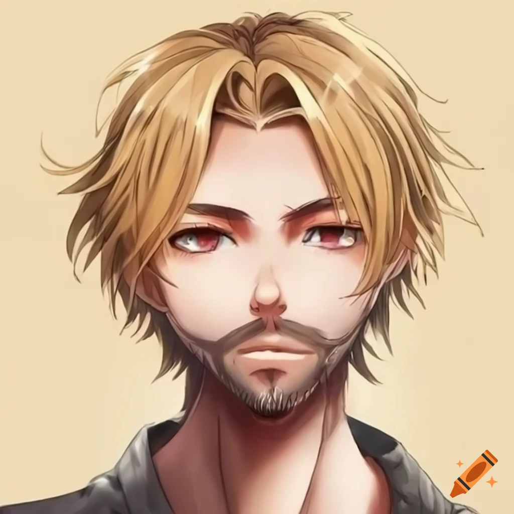 Anime man with long blond hair, brown eyes, and beard