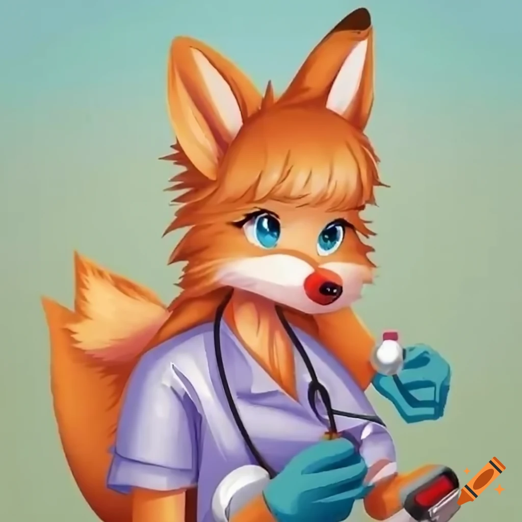 Anime furry fox forest nurse checking bunny's blood pressure