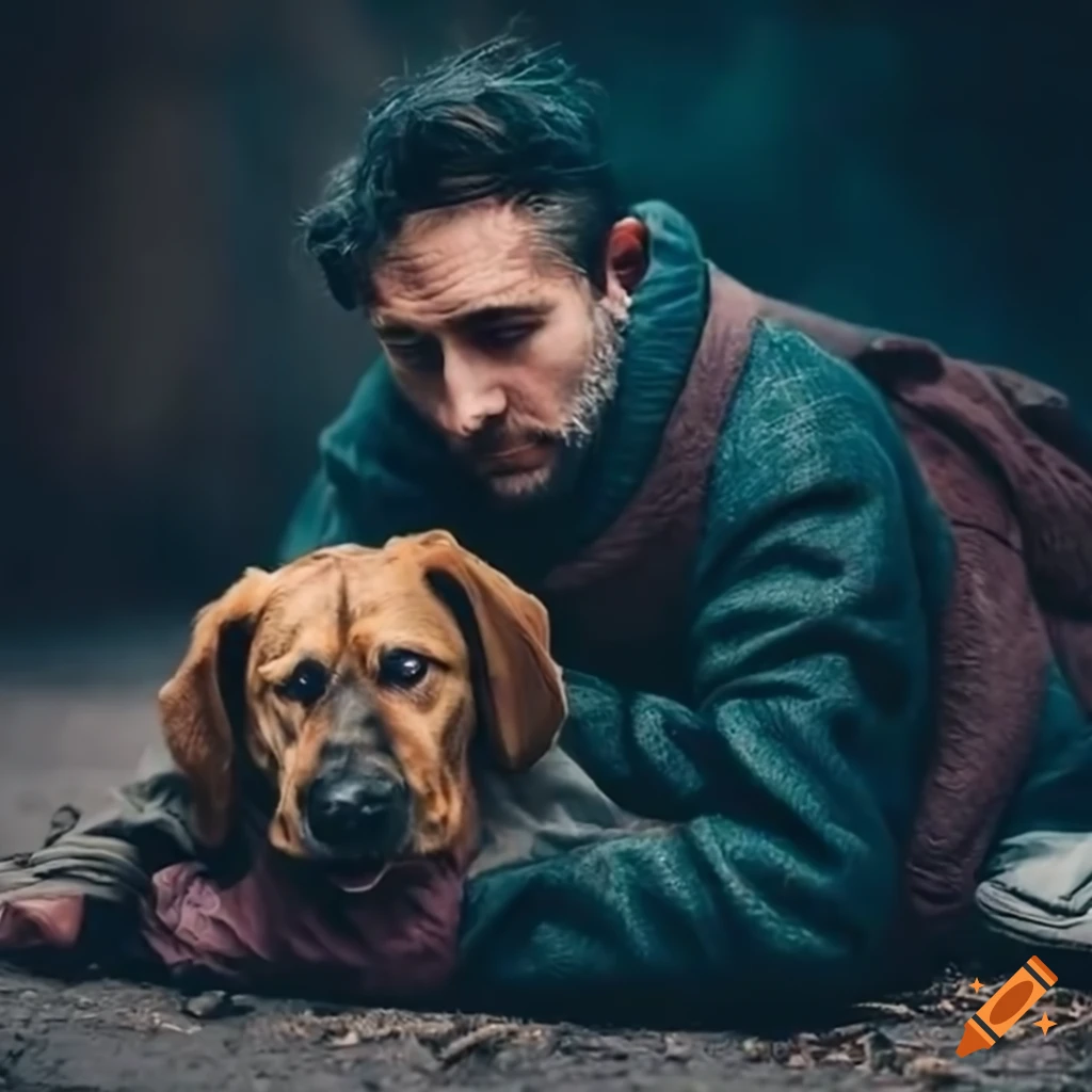 Homeless man with his dog in cold weather