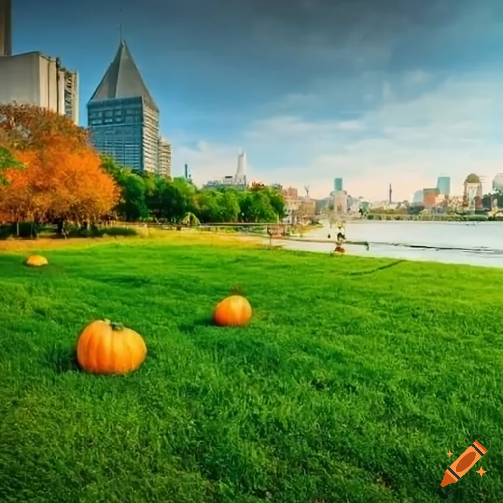 Green landscaped lawn with a truck carrying bright orange pumpkins along a riverbank